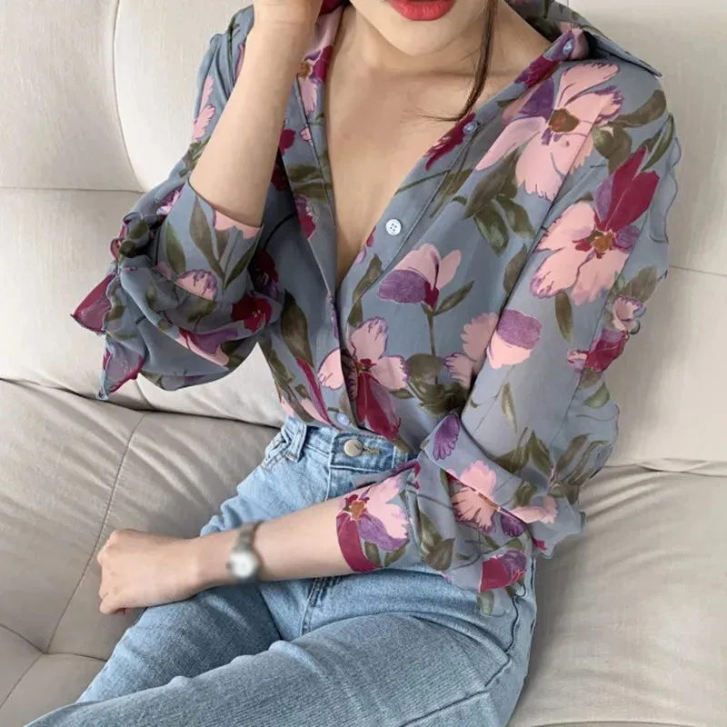 Znbbw Women's Chiffon Shirt Floral Print V-Neck Long Sleeve Fashion Cozy Loose Blouse - Image 5