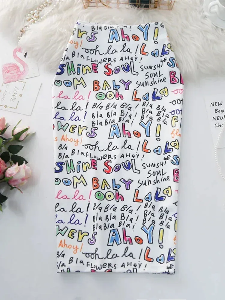 Znbbw Women's Pencil Skirts letters Printed Graphic Summer Autumn High Waist  Slit Tube faldas Woman Stretch Skirt Female GD503 - Image 2