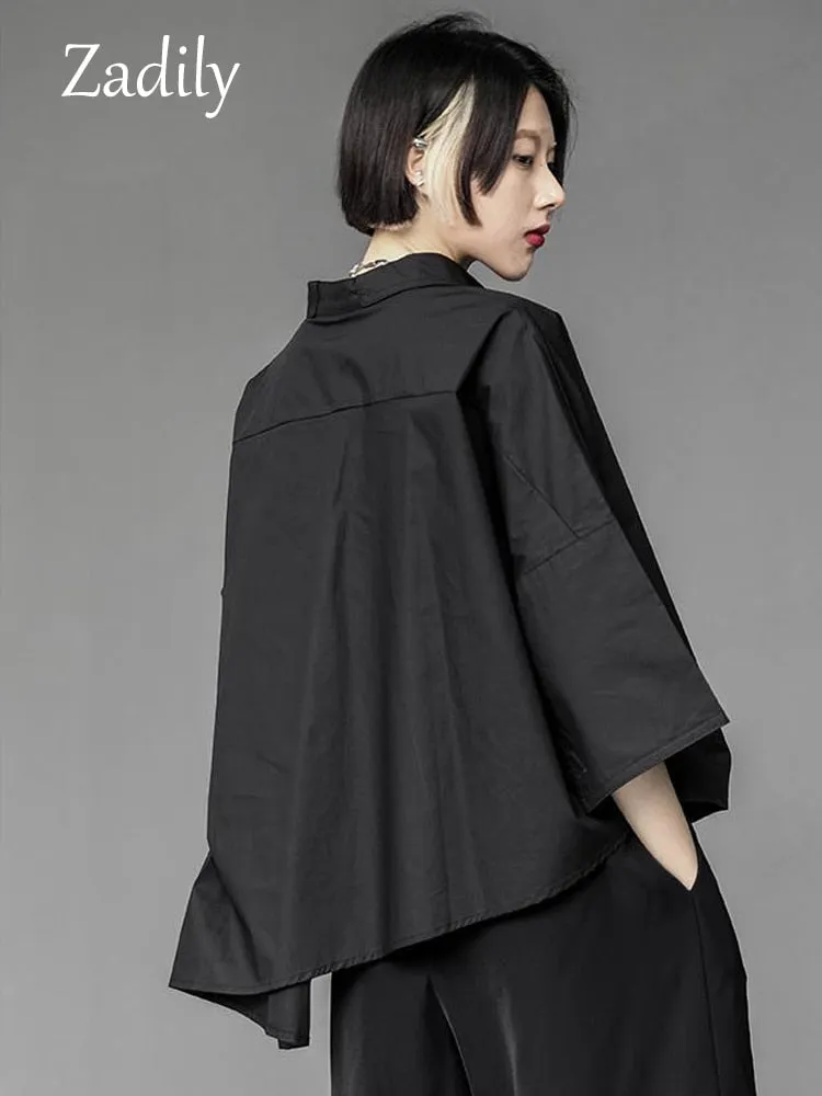 znbbw 2023 Summer New Half Sleeve Oversize Gothic Shirt Women Y2K Asymmetrical Black Button Ladies Blouse Street Clothing Tops - Image 6