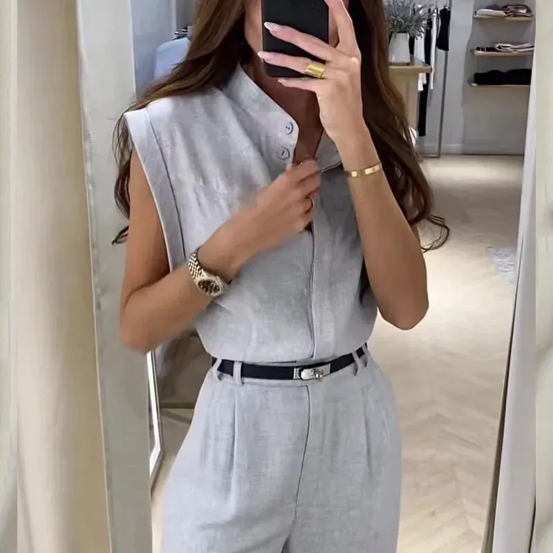 Znbbw Women Two Piece Set Summer Office Fashion Solid V Neck Sleeveless Top Casual Loose With Pockets Pants Sets Streetwear - Image 2