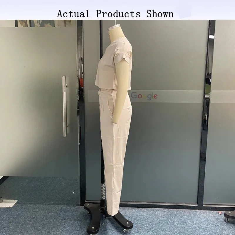 Znbbw 2 Piece Set Women Autumn Casual Solid V Neck Short Sleeve Pullover Top Loose With Pockets Pants Sets Loungwear For Female - Image 4