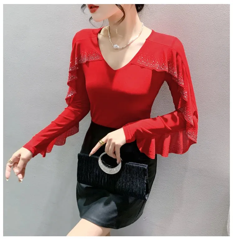 Znbbw Autumn Ringstones Ruffles Long Sleeve Mesh T-shirt Tee New Female Round Collar Sheath Tops T-shirts for women - Image 7