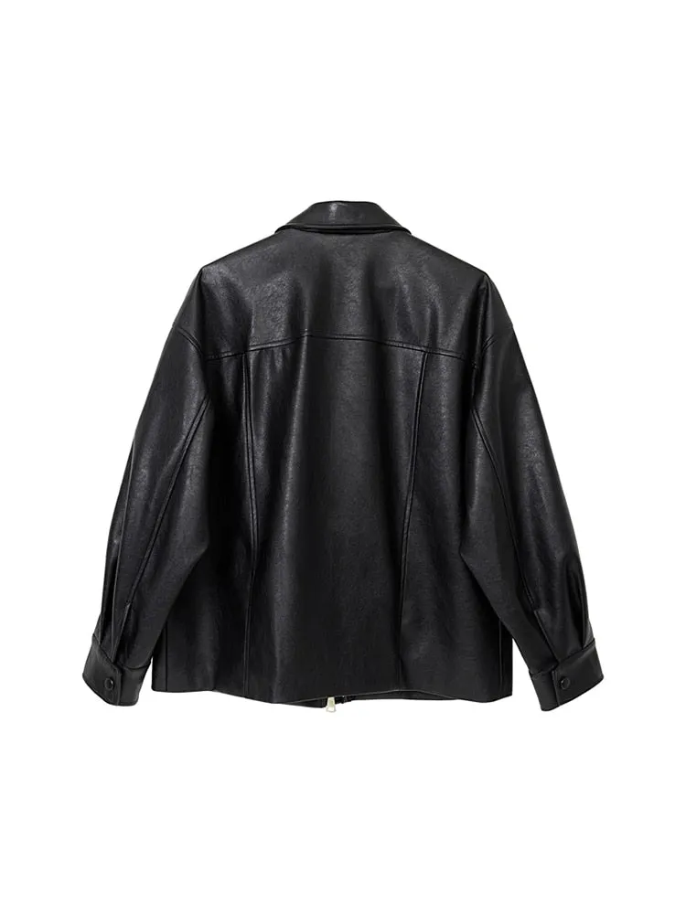 znbbw Women's Vintage Black PU Leather Jacket Motorcycle Coat 2023 Autumn Winter Female Korean Casual Loose Streetwear Outwear - Image 4