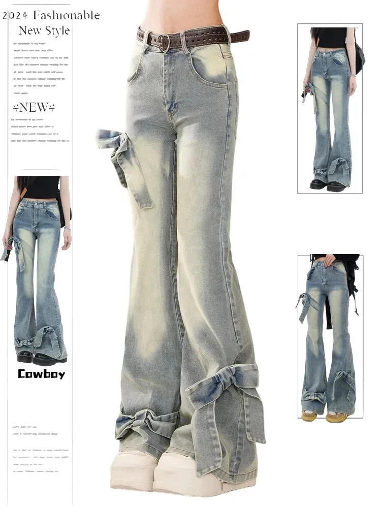 Znbbw Women's Blue Bow Flare Jeans Harajuku 90s Aesthetic Streetwear Baggy Denim Trousers Y2k Jean Pants Vintage 2000s Trashy Clothes