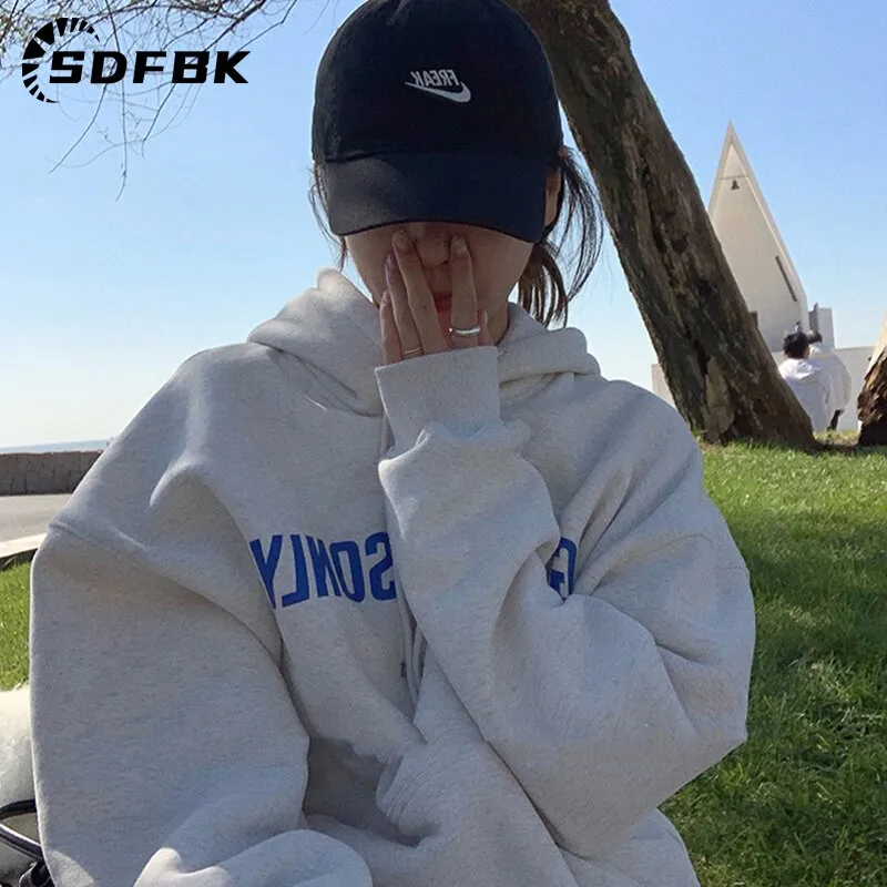 Znbbw Women Vintage Sweatshirt Letter Printing Oversized Grey Autumn Winter Hoodies Y2K Cothes Female Fleece Hoodie Tops Pullover - Image 2