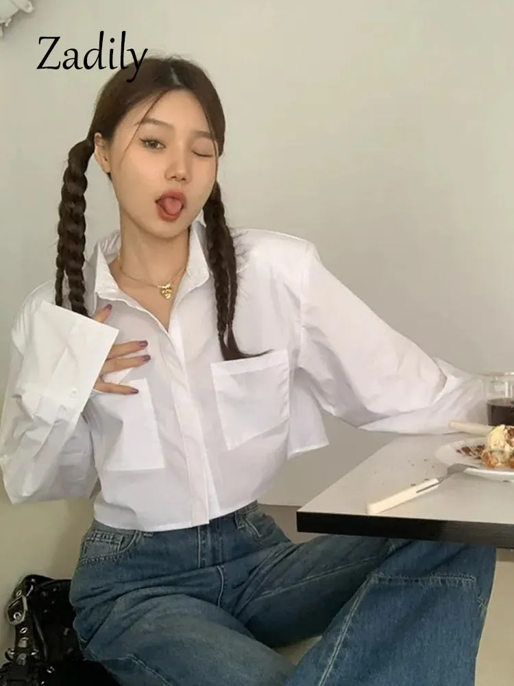 znbbw 2023 Spring Minimalist Long Sleeve Women White Shirt Y2K Shoulder Pad Button Loose Woman Crop Top Blouse Female Clothing - Image 4