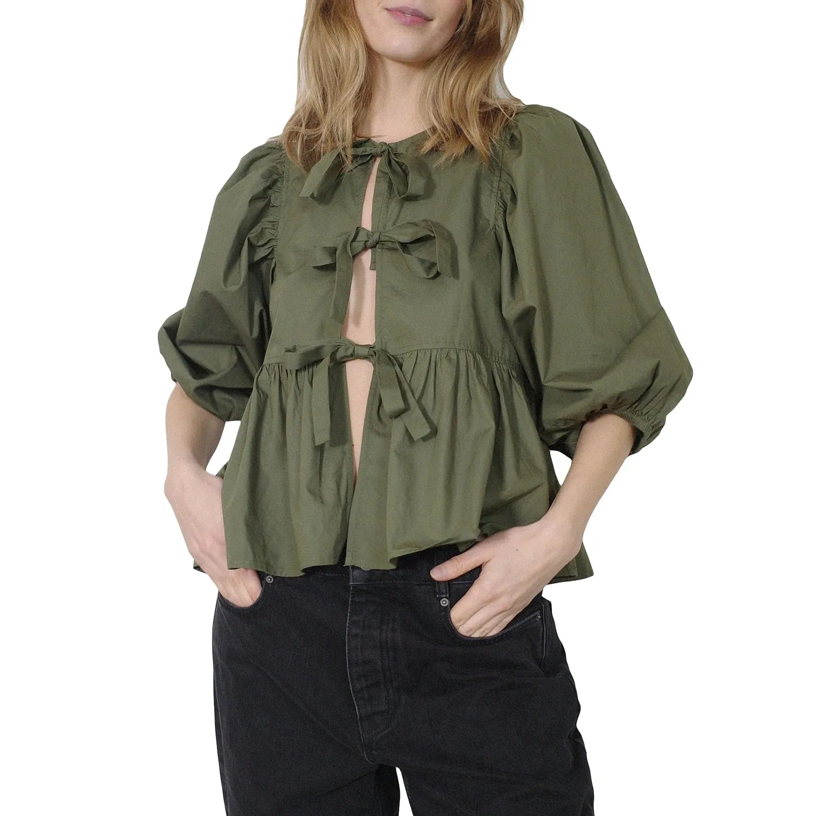 Znbbw Women y2k Puff Short Sleeve Shirts Tie Front Ruffle Hem Loose Office Blouse Tops Teen Girls Lace up Cute Summer Kawaii Tops - Image 10