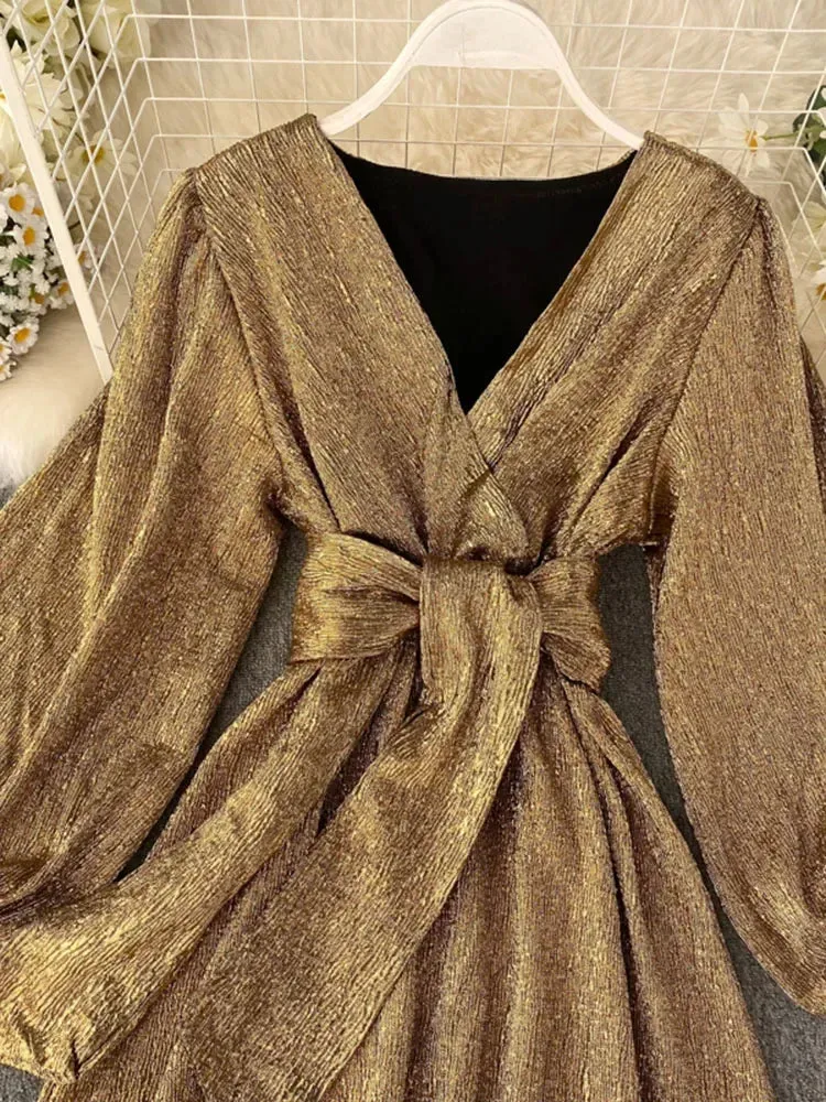 Znbbw Autumn Women's Bright Color Dress V-neck Lantern Sleeve Gold Bright Silk Lace Retro Dress Female Sexy Party Dress GD205 - Image 3