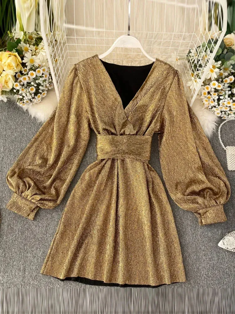 Znbbw Autumn Women's Bright Color Dress V-neck Lantern Sleeve Gold Bright Silk Lace Retro Dress Female Sexy Party Dress GD205 - Image 8