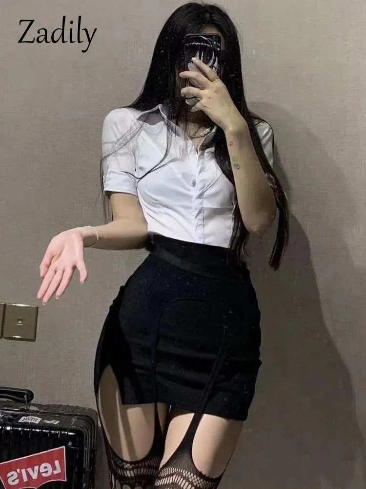 znbbw 2023 Summer Sexy Slim Short Sleeve White Shirt Women Button Tie Ladies Blouse Office Cosplay New In Female Clothing Tops - Image 7