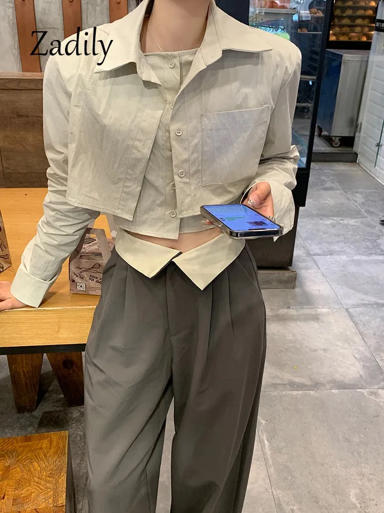 znbbw 2023 Summer Y2K Long Shirt Women Crop Shirt Korea Style Fake two pieces Button Up Woman Blouse Sexy Female Clothing Top - Image 7