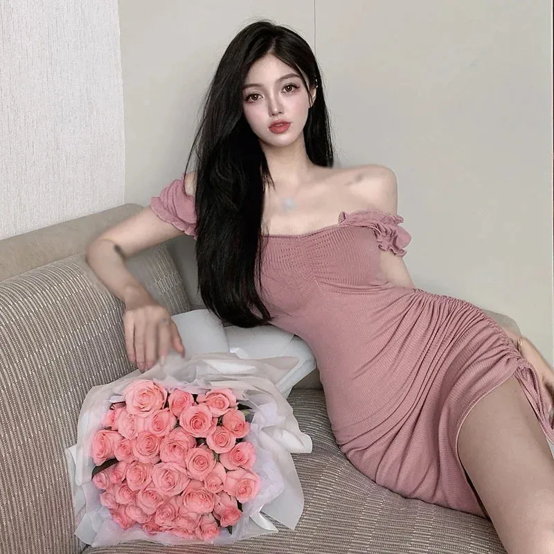 Znbbw Women's Korean Edition Dress Summer One Line Neck Slim Fit Drawstring Bubble Sleeve Sexy Short Sleeve Dress - Image 3