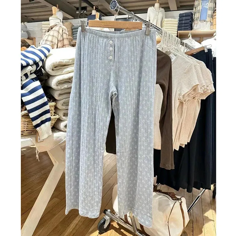 Znbbw Bear Print Eyelet Casual Long Pants Women Clothes Cotton Elastic Waist Home Trousers Vintage Cute Autumn Straight Pants - Image 20