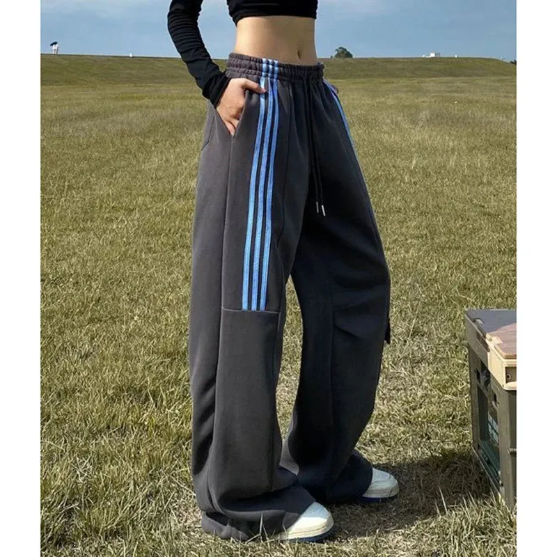 Znbbw Women Streetwear Sweatpants American Retro Striped Loose Wide Leg Pants Casual Female Large Pocket Cargo Trousers New - Image 6