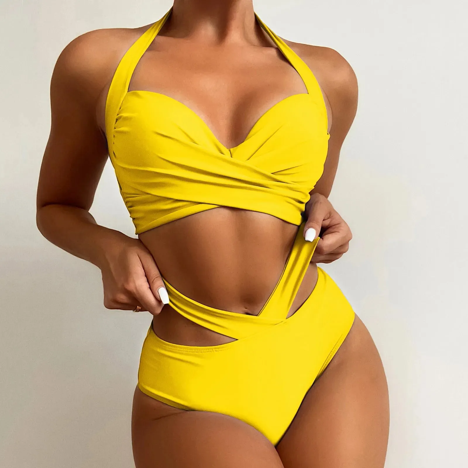 Znbbw Yellow Ruched Women's Swimsuit Summer Elegant Push Up Bra High Waist Swiming Suits Ladies Hollow Out Bandage Swimwear - Image 8