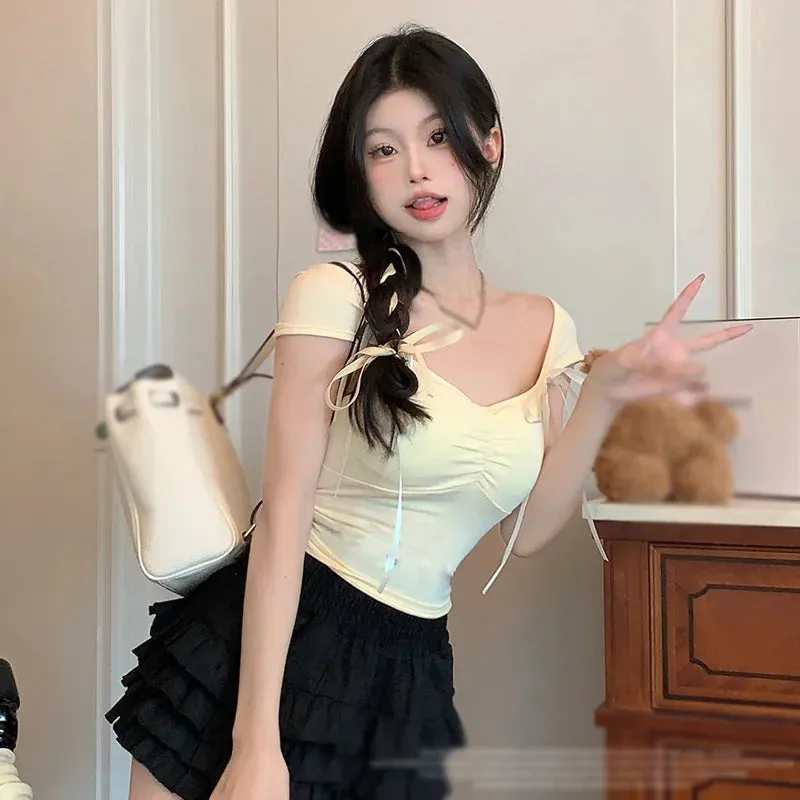 Znbbw Women's short sleeved knitwear top Strap design Sweet Short cut Slimming Slim fit Knit V-neck Vest