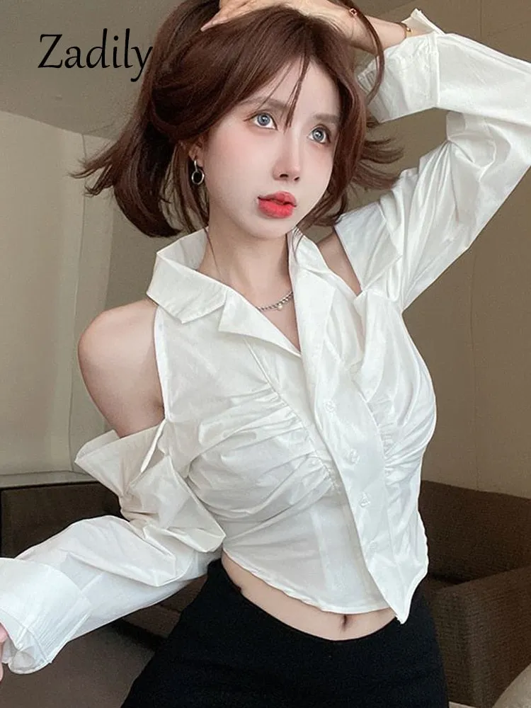 znbbw 2023 Summer Korea Style Long Sleeve Women White Shirt Sexy Button Off The Shoulder Ladies Crop Shirts Blouse Clothing Top - Image 3