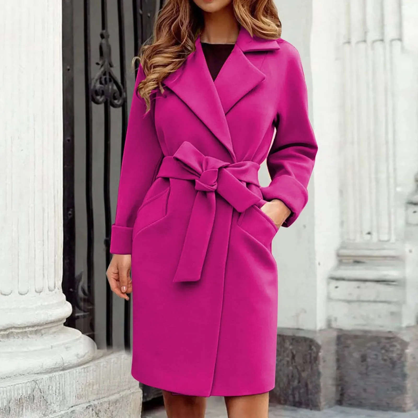 Znbbw Women Hot Pink Trench Coat Casual Mid Long Overcoat Lapel Open Front Cardigan Outwear Woolen Boot Winter Jackets for Women