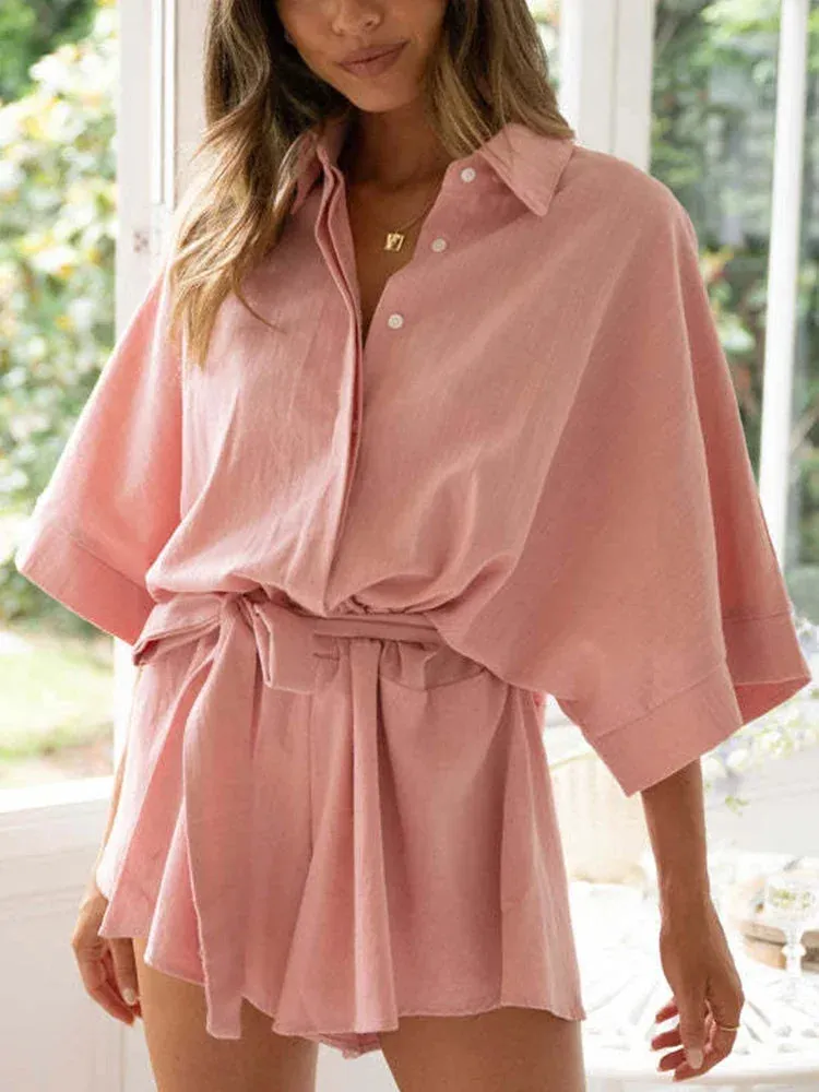Znbbw Beach Loose Batwing Sleeve Pink Women Wide Leg Romper Cotton Belt Turn Down Collar Shirt White Playsuit Overall Summer