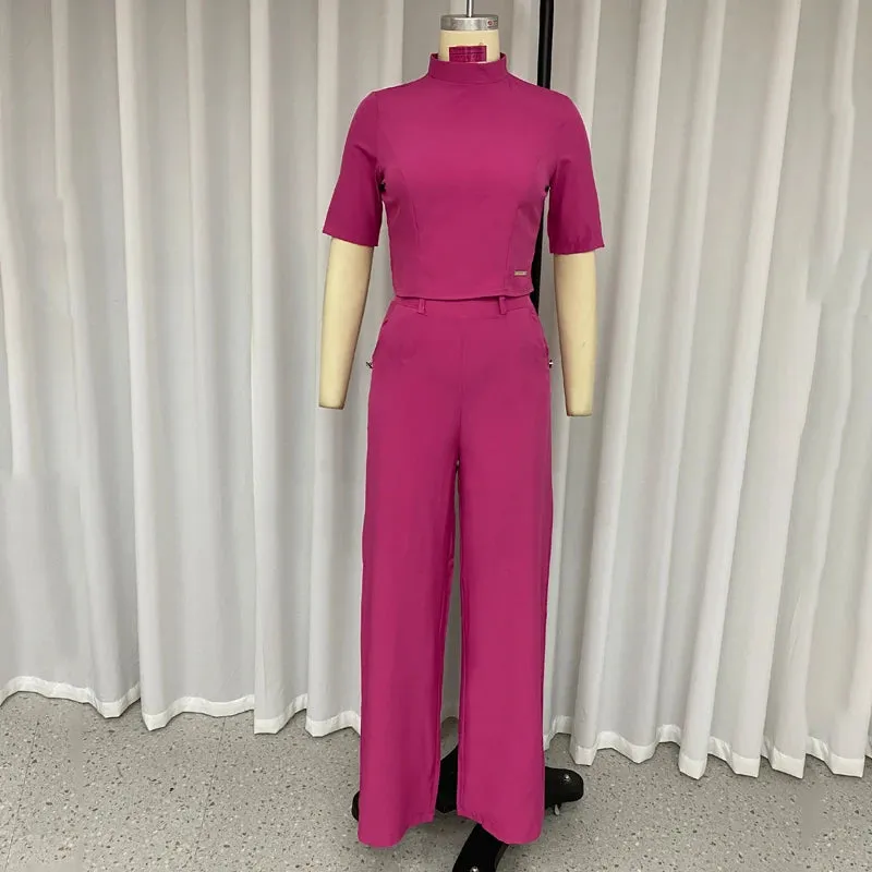 Znbbw Women Two Piece Set Summer Fashion Solid Round Neck Short Sleeve Top Casual Loose Wide Legs Pants Sets High Streetwear - Image 2