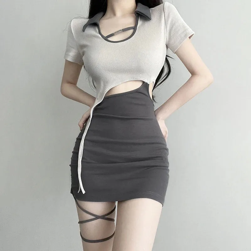 Znbbw Women's Bodycon Dress Contrast Color Slim Sexy Hollow out American Retro Short Sleeves Dress - Image 3