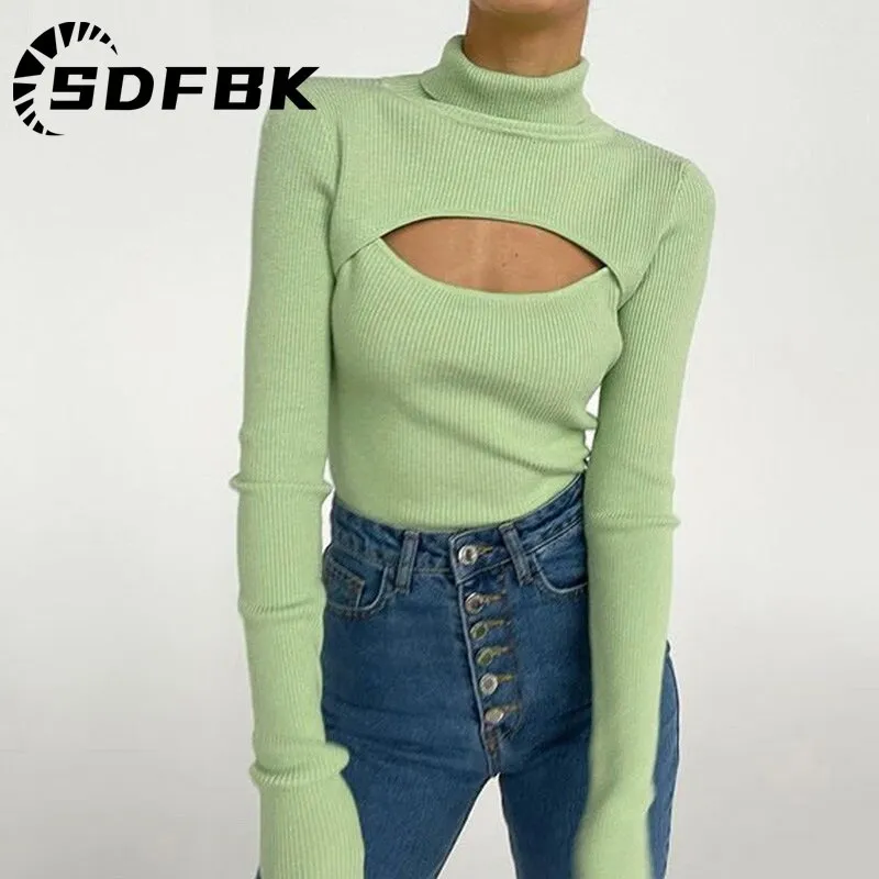 Znbbw Women Knitted Turtleneck Sweaters Sexy 2023 Autumn Winter Slim Pullover Casual Soft Warm Long Sleeve Hollow Pullover Knit Top - Image 3