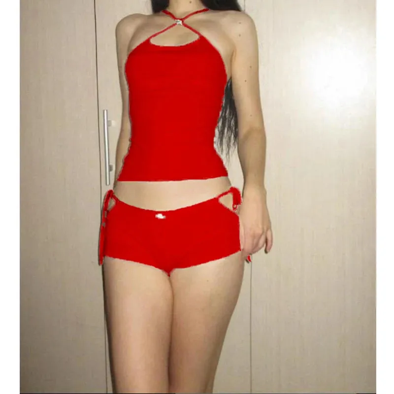 Znbbw Women Summer Sexy Coquette 2 Piece Pajamas Sets Halter Cutout Camis Crop Tops Flower Low Waist Shorts Loungewear Fairy Outfits - Image 2