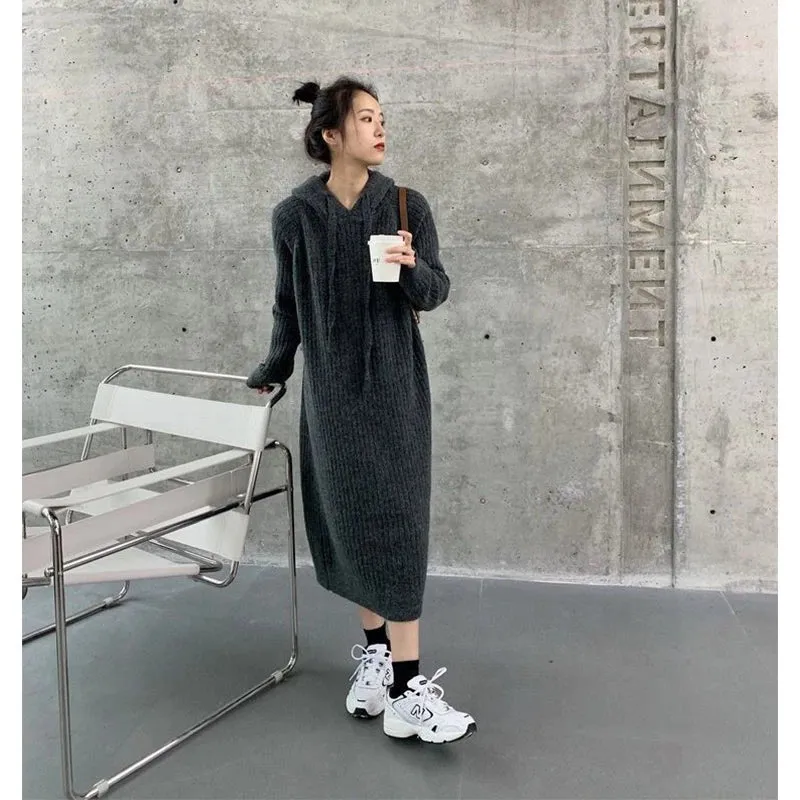 Znbbw Hooded Knitted Dress Women Solid Oversized Midi Dresses Winter Korean Elegant Thicken Loose Casual All Match Vestidos - Image 5