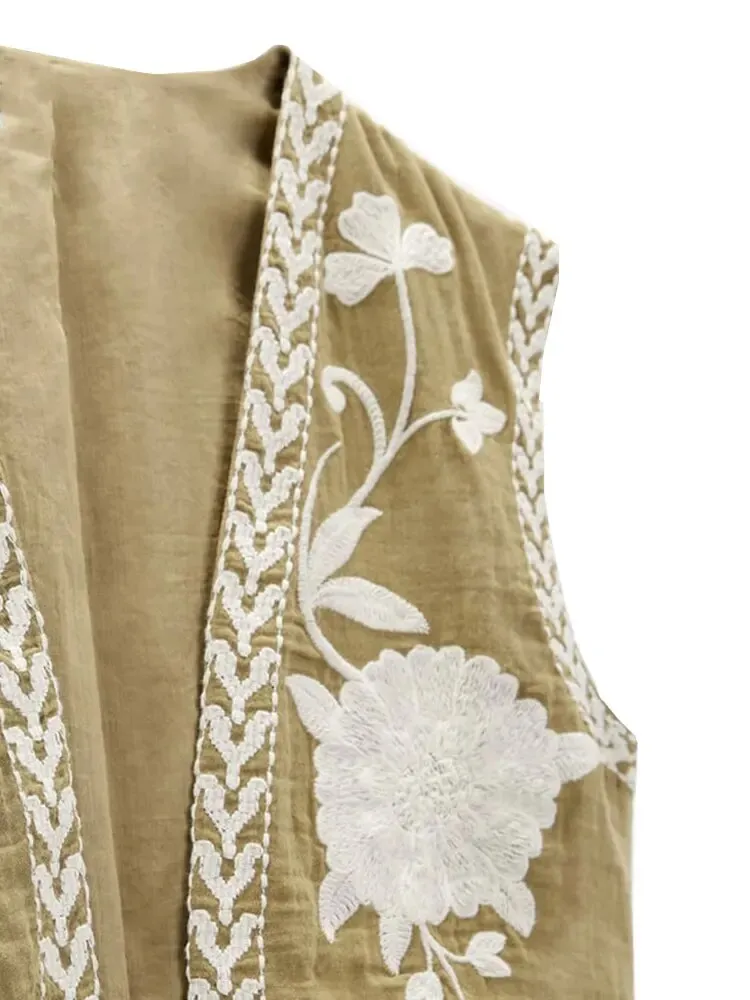 Znbbw TRAF Embroidered Open Waistcoats Women Cotton Basicos Femme Vests Women Sexy Cropped Tops Women Sleeveless Coats - Image 8