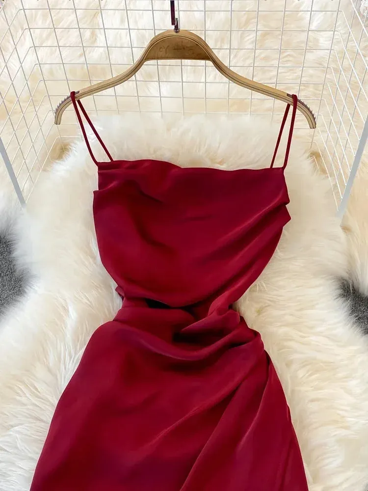 Znbbw Women Summer Dress Vintage High-waisted Slim Suspender Pleated Sleeveless Backless A-line Dress Elegant Split Dress D3196 - Image 2