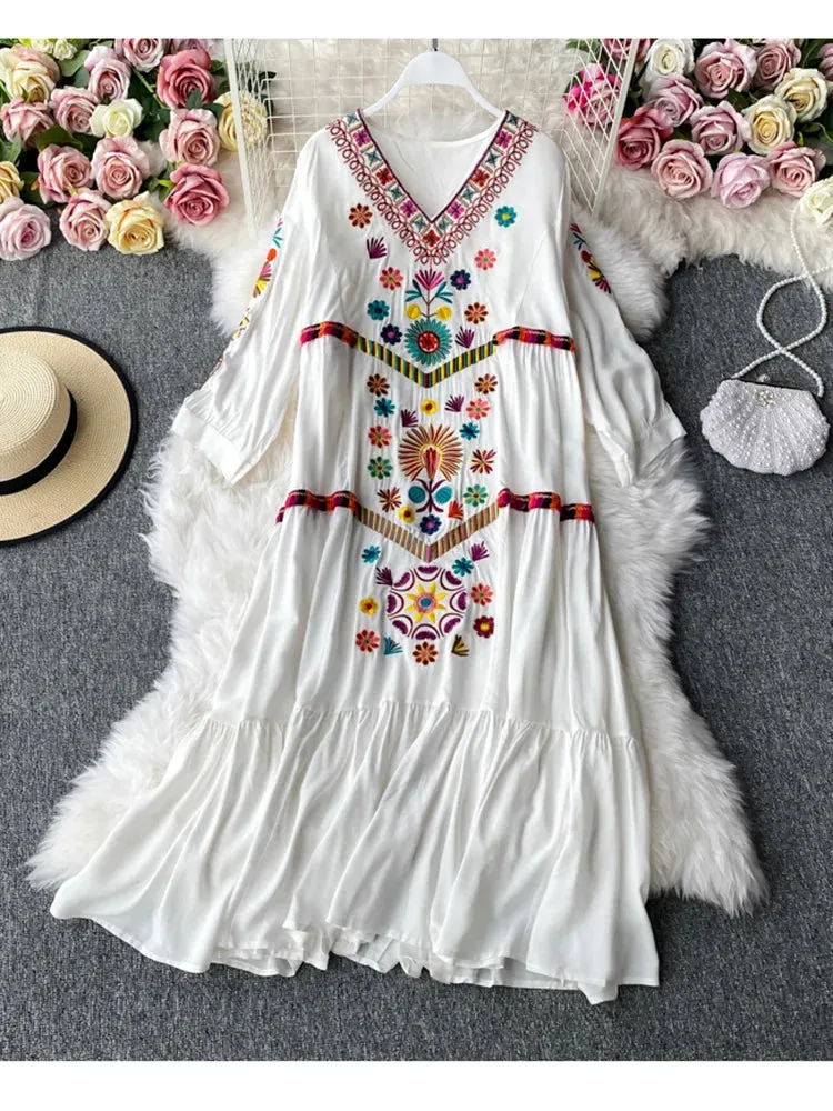 Znbbw Autumn Women Dress Seaside Vacation Beach Skirt Bohemian Loose Ethnic Style Temperament Embroidered V-Neck Dress D1827 - Image 9