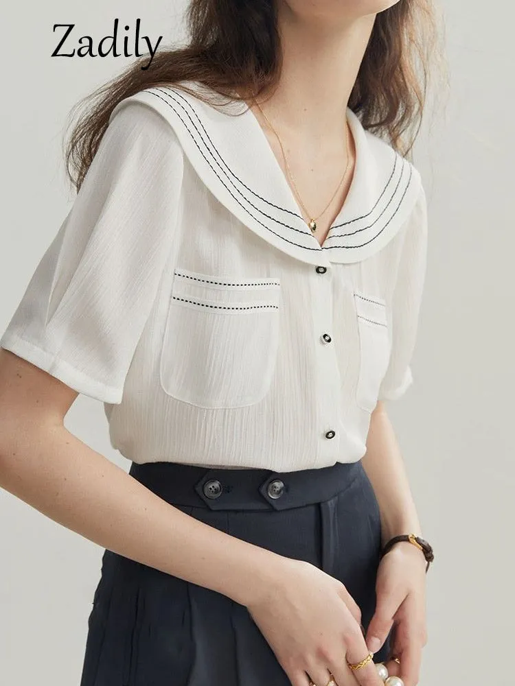 znbbw 2023 Summer French style Short Sleeve White Shirt Women Sailor Collar Solid Button Blouse Work Female Clothing Tops - Image 6