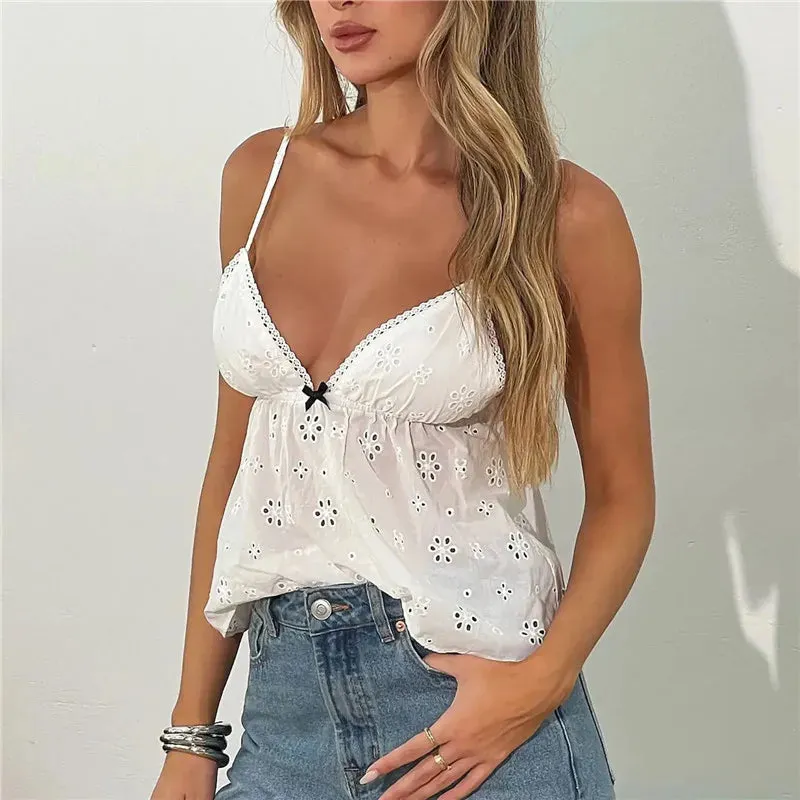 Znbbw Women Summer y2k Fairycore Grunge Sleeveless Crop Tops Flower Hollow Elegant Bow V-neck Tanks Camis Kawaii Aesthetic Tops - Image 3