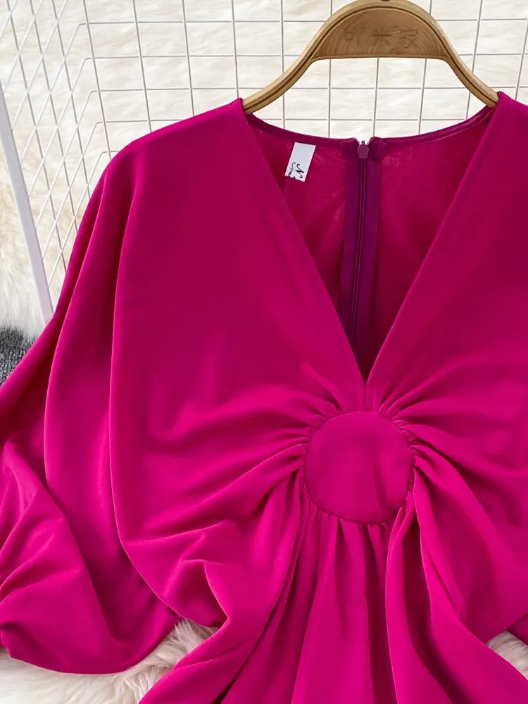 Znbbw Autumn Shirt V-neck Dress Women Korean Sexy Elegant Party Lantern Sleeves Waist Mid-length Birthday Dress for Women GD770