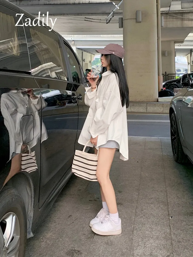 znbbw 2023 Summer Unisex Long Sleeve Oversize Women White Shirt Korea Style Button Up Pocket Woman Blouse Female Clothing Tops - Image 3