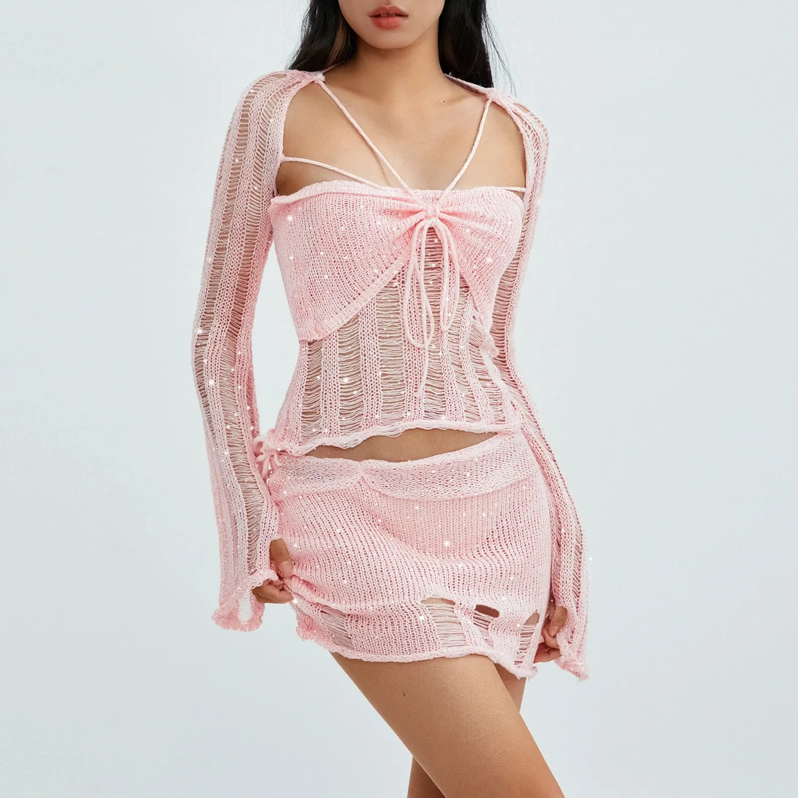 Znbbw Women Sequins Crochet Knit 2 Piece Skirts Sets Hollow Out Knitted Crop Tops Bodycon Mini Skirt Set Beach Vacation Outfits - Image 5