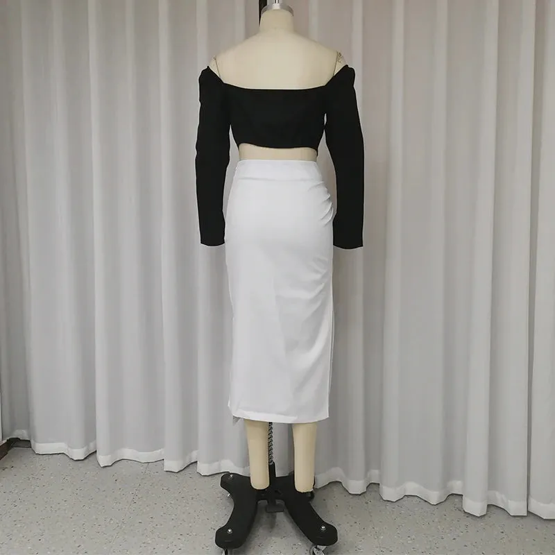 Znbbw 2 Piece Set Women Fashion Sexy Solid Long Sleeve Off Shoulder Tube Top A-Line Slit Irregular Slim Long Skirt Sets - Image 5