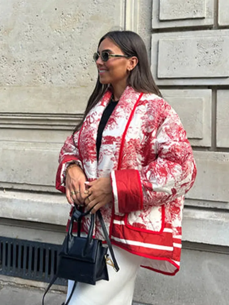 Znbbw Women's Casual Fashion Lapel Printed Cropped Cotton Jacket Elegant Long Sleeved Warm Outwear Female Vacation Streetwear 2023 - Image 2