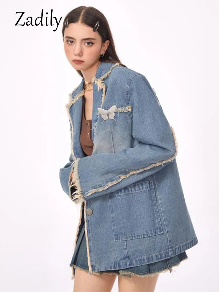 znbbw 2023 Winter Streetwear Long Sleeve Demin Blazer Women Oversize Distressed Ladies Suit Blazers Fall Female Coat Clothing - Image 6