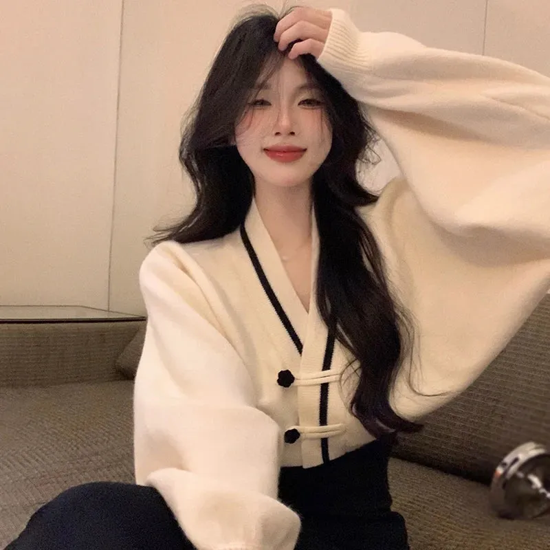 Znbbw Women's Sweater Korean Version V Neck Contrast Colors Loose Sweet  Gentle Chinese Style Short Sweater Cardigan - Image 2