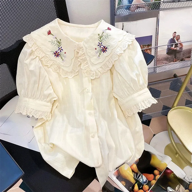 Znbbw Women Shirt Peter Pan Collar Floral Embroidery Hollow Out Ruffles Blouses French Casual Fashion Sweet Short Puff Sleeve Tops