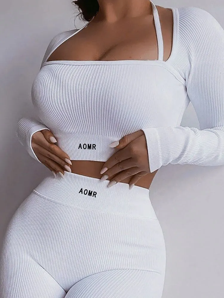 Znbbw 2023 Spring Autumn Design Sports Fitness Long Sleeve Crop Top And Pant Set Women Knitted Yoga Two Piece Set - Image 2