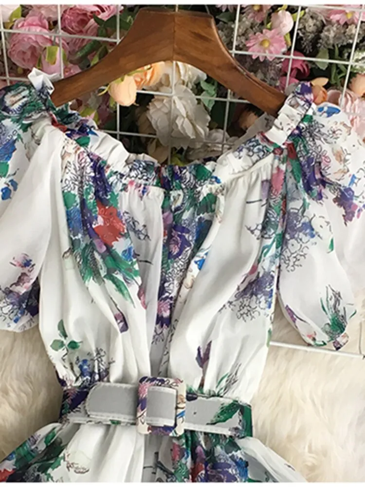 Znbbw Women Summer Dress Grace Temperament Sweet High Waist Flat Collar Floral Short Sleeve Folding A-line Vestidos D2441 - Image 2