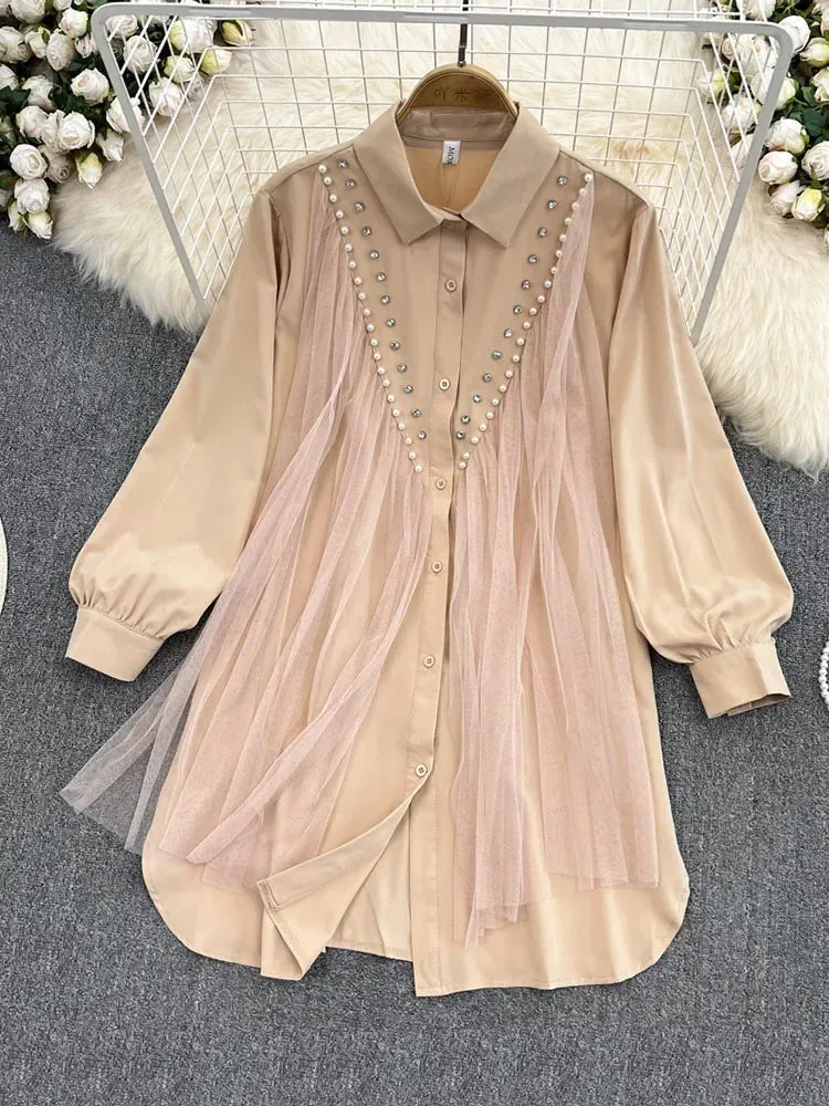 Znbbw Autumn High-end Mesh Gauze Studded Beads POLO Collar Dress Female Cold Wind White Temperament Shirt Top Women Blouse D1489 - Image 4