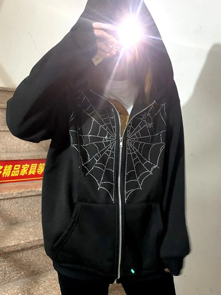 Znbbw Y2k Harajuku Men's Hoodie Halloween Hot Drill Spider Web Print Korean Sweatshirt Y2K Gothic Vintage Sweatshirt Men's Winter - Image 2