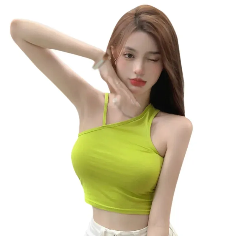 Znbbw Women's Vest Slanted Shoulder Navel Short Style Halter Neck Solid Color Camisole - Image 7