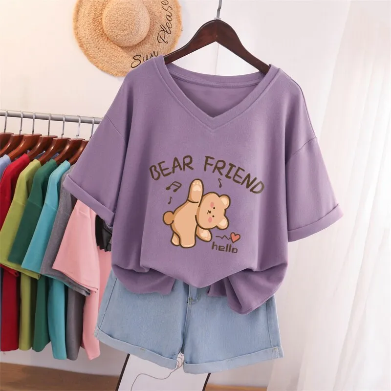 Znbbw 100% Cotton L-5XL Plus Size T Shirt Bunny Print V Neck Tshirt Short Sleeve Women Top Basic Summer Couple Solid T Shirts - Image 5