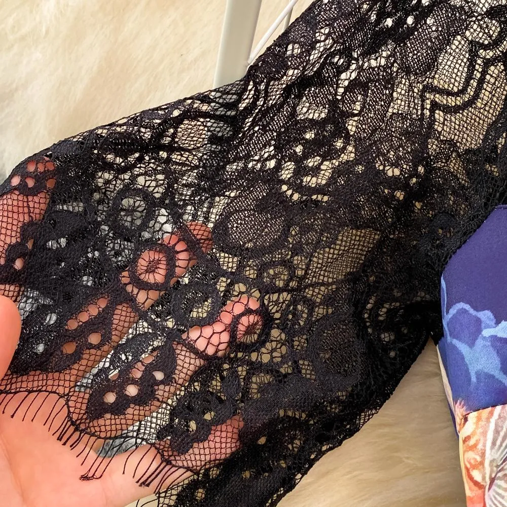 Znbbw Women Retro Puff Short Sleeve Stand Collar Lace Patchwork Print Dress Ladies Runway Fashion Elegant Midi Party Vestidos - Image 3