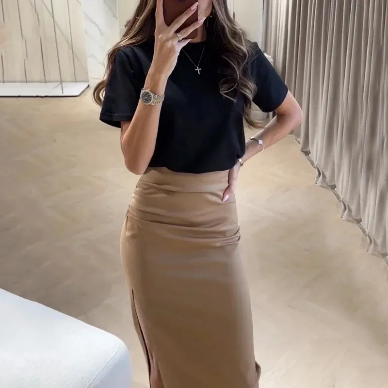 Znbbw Women Two Piece Set Summer Fashion O Neck Short Sleeve Solid Short Top Slim Folds Slit Skirt Set Elegant Streetwear - Image 2