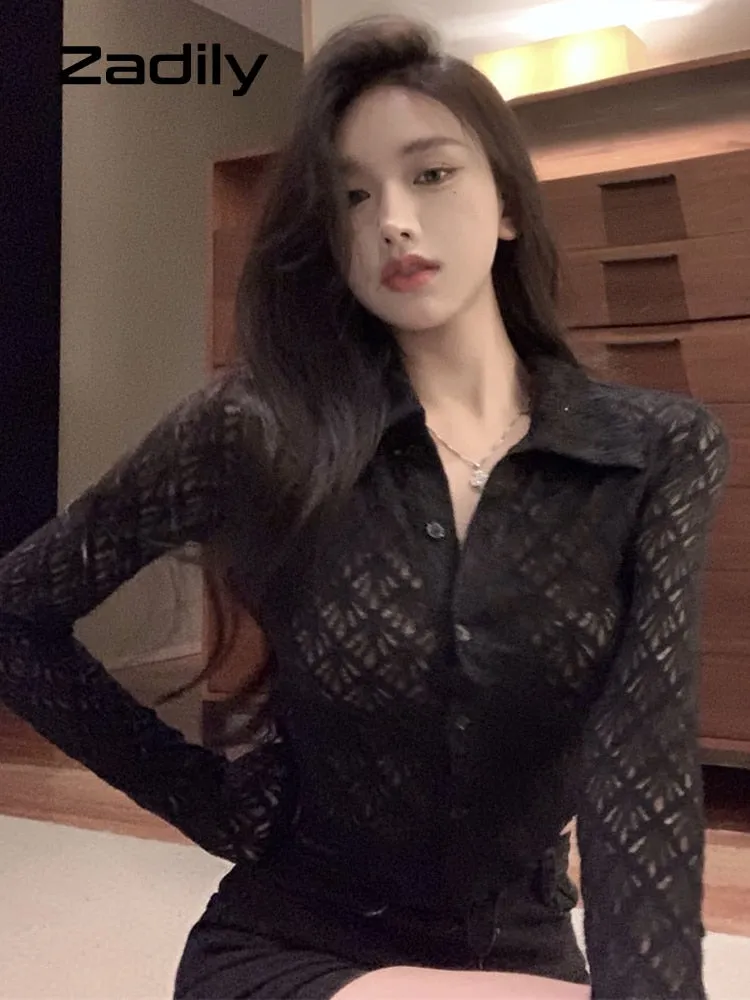 znbbw 2023 Summer Sexy Long Sleeve Lace White Shirt Women Street Style Y2K Button Transparent Crop Tops New Female Clothing - Image 7